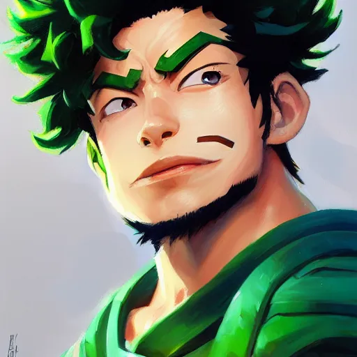 Image similar to greg manchess portrait painting of izuku midoriya as overwatch character, medium shot, asymmetrical, profile picture, organic painting, sunny day, matte painting, bold shapes, hard edges, street art, trending on artstation, by huang guangjian and gil elvgren and sachin teng