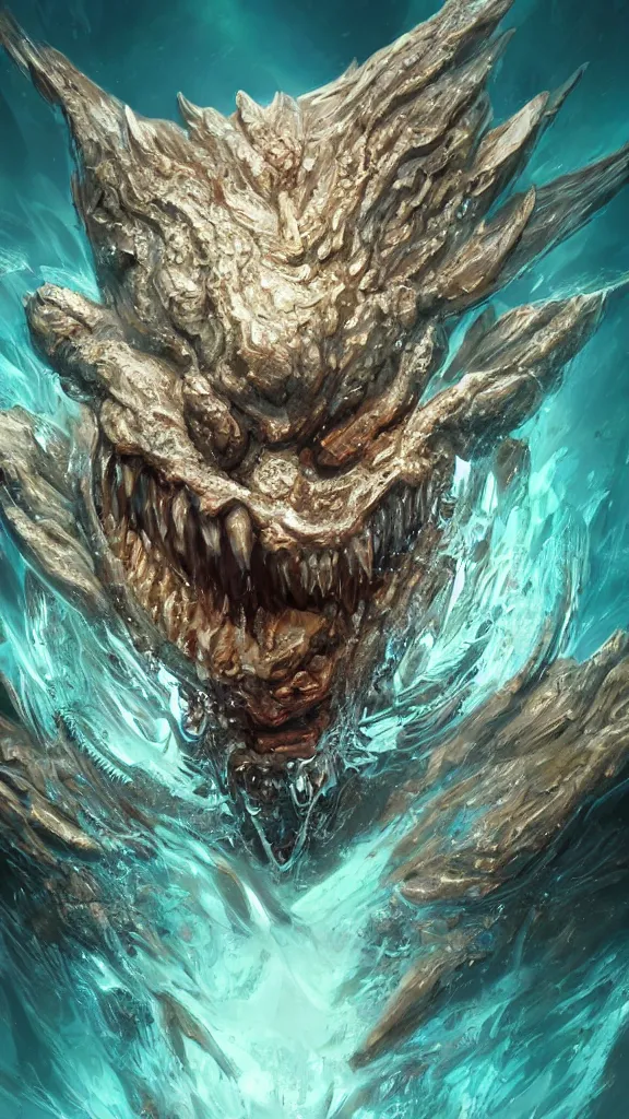 Image similar to ultra realist and ultra intricate detailed soft painting of an ancient creature angry boss in the ocean underwater environment, reflections, focus, detailed, realistic eyes, horizontal partial symmetry features proportions, intricate facial skin details, award winning, trending in cgsociety artstation deviant art, octane render