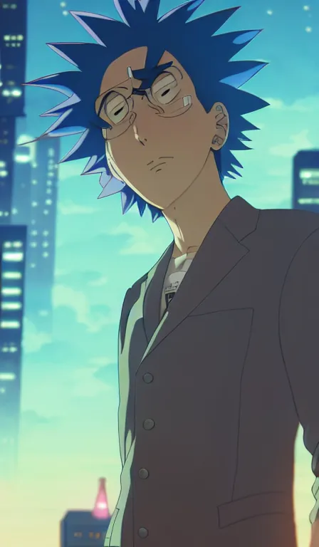 Prompt: anime fine details portrait of Rick Sanchez in front of cyberpunk moder city landscape on the background deep bokeh, close-up view, anime masterpiece by Studio Ghibli. 8k, sharp high quality anime, artstation