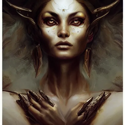 Image similar to portrait of fire goddess, yellow eyes, fantasy, intricate, elegant, highly detailed, digital painting, artstation, concept art, matte, sharp focus, illustration, art by aenaluck and roberto ferri and greg rutkowski, epic fantasy, digital painting