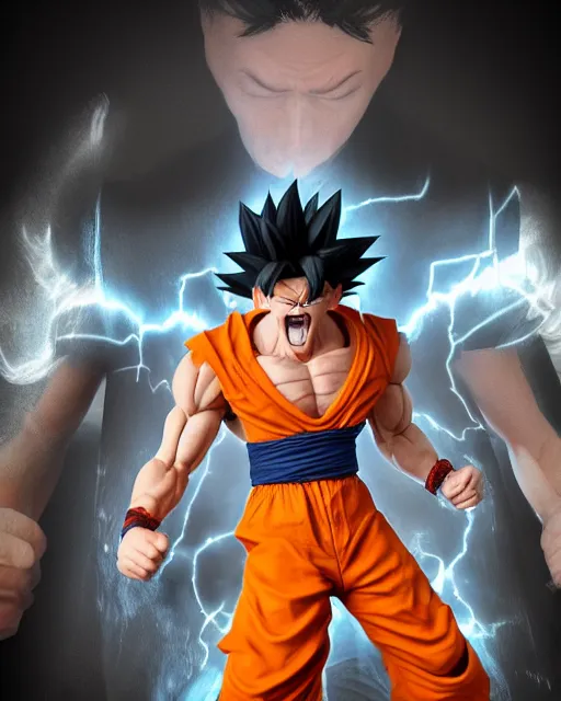 Image similar to 3 d high octane render, 8 k hyperrealism, unreal engine, photorealistic goku, portrait, dynamic lighting, photorealistic, unreal engine, octane, ultra detailed, detailed faces, hd quality, life like, high render, hd resolution