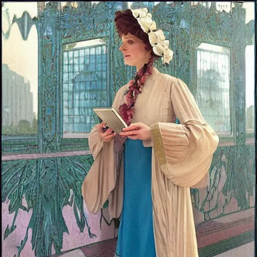 Image similar to a photo of a 2 1 st century jugendstil dress worn by a woman with ipad