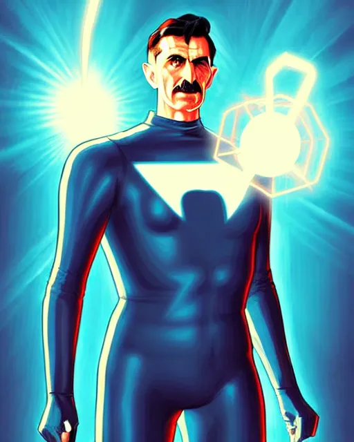 Prompt: Nikola Tesla as a superhero with electric superpowers by MARVEL comics and Ross Tran