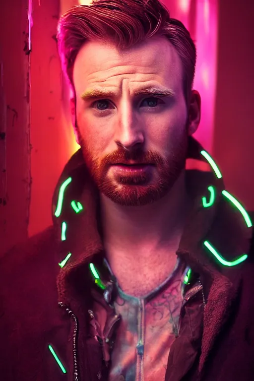 Prompt: cyberpunk, neon lights, dramatic lighting, a colorful close - up studio photographic portrait of chris evans by steve mccurry