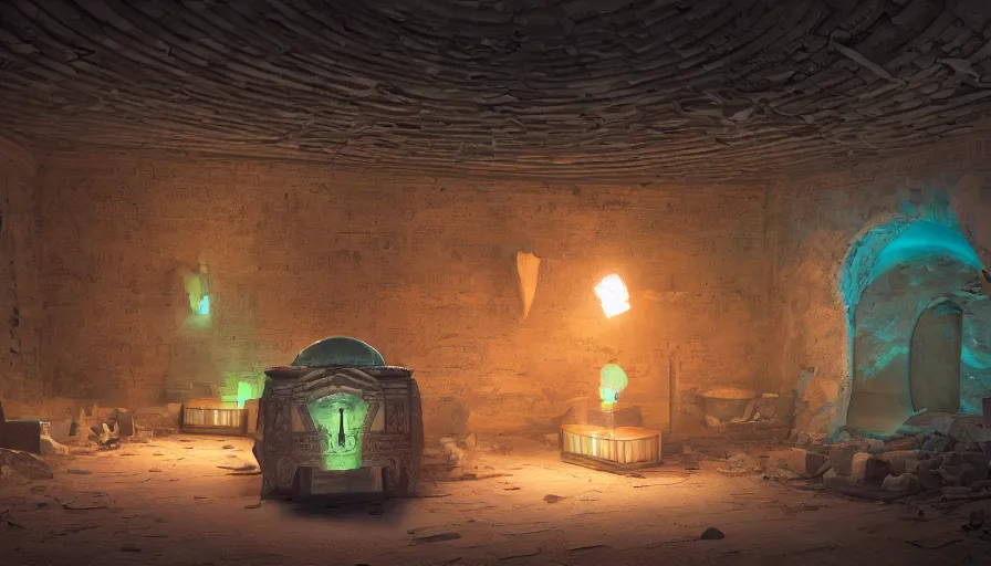 Prompt: Interior of an Egyptian dusty abandoned tomb illuminated by glowsticks, coffin in the middle of the room, hyperdetailed, artstation, cgsociety, 8k