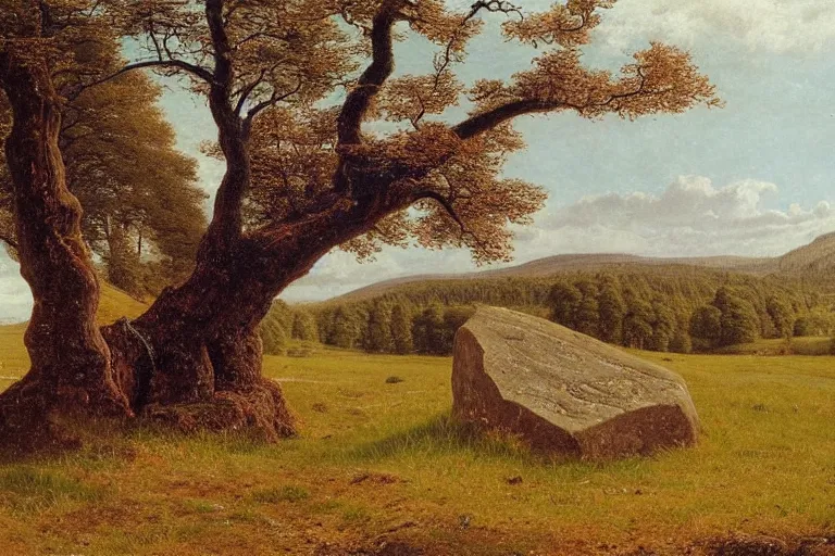 Image similar to runestone on a field with trees in the distance, runic inscription, ancient writing, megalithic, monument, nature, hills, focused, centered, very detailed, norse, history, oil painting, Albert Bierstadt, Theodor Kittelsen, Hermann Hendrich