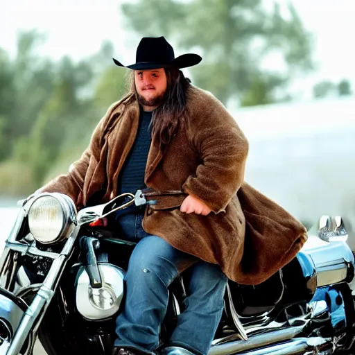 Image similar to a cute little, creature, on the shoulders of a tall, stocky man with long hair and a long trench coat and cowboy hat, next to a motorcycle