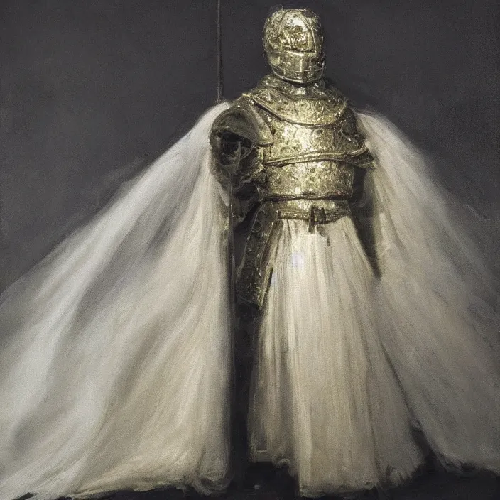 Image similar to medium shot, painting of white!! blurry!! half-transparent shiny ghostly human figure in medieval king's armour, dark academia aesthetic, Hogwarts, magic vibes, soft lighting, by George Roux, by Monet, by oil on canvas, Royal Academy, masterpiece, trending on artstation, cinematic composition, dramatic pose, beautiful lighting, sharp, details, hyper-detailed, HD