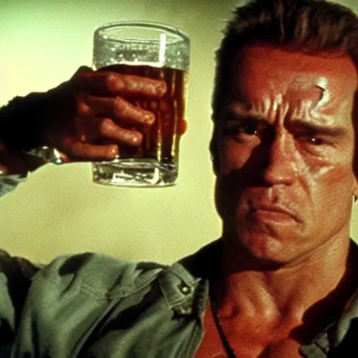 Prompt: The Terminator drinking beer, cinematic lighting