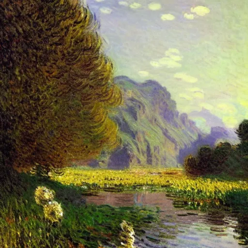 Prompt: A golden river flows through a serene valley, lots of flowers, sheep grazing, by monet, greg Rutkowski, trending on artstation