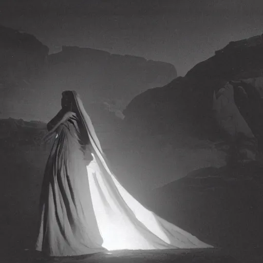 Prompt: photo, a woman wearing a giant wide flowy white sheet with her arms out and a vintage western movie being projected on it, standing inside a dark western rocky scenic landscape, volumetric lighting