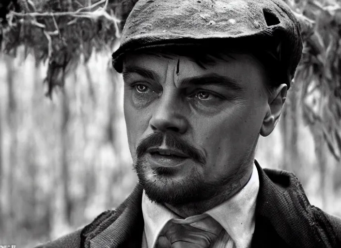 Image similar to an dramatic scene from the movie scarface, medium long shot, costumes from peaky blinders, filmed in the dark woods, a cabin in the background, leonardo dicaprio and daniel day - lewis, sharp eyes, serious expressions, detailed and symmetric faces, black and white, cinematic, epic,