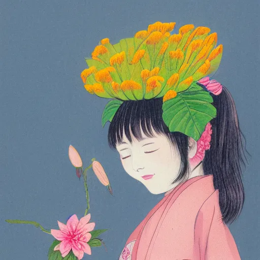 Prompt: a girl with flower on her head, japan, bright pastel color, botanical flower illustration