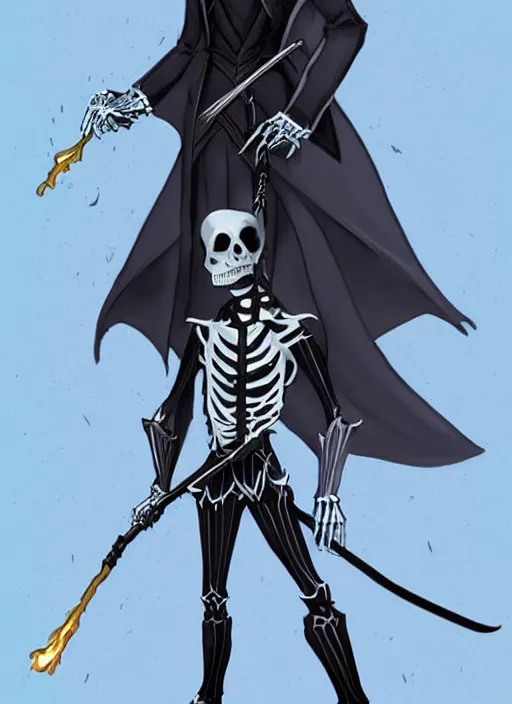 Image similar to DND character concept, skeletal male figure, wearing a deep black suit!!! and tie and top hat, holding a gold! cane!. Surrounded by light blue!!! flames!!