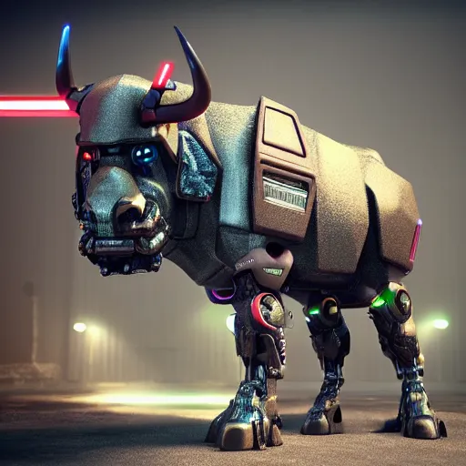 Image similar to a cybertronic bison, leds, high detail, sharp, studio, digital art, octane render