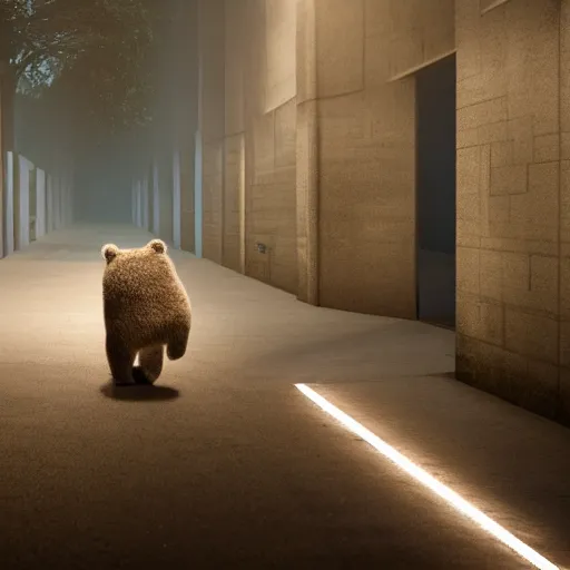 Image similar to photograph of a small bear mascot with a spotlight on him walking through a large doorway