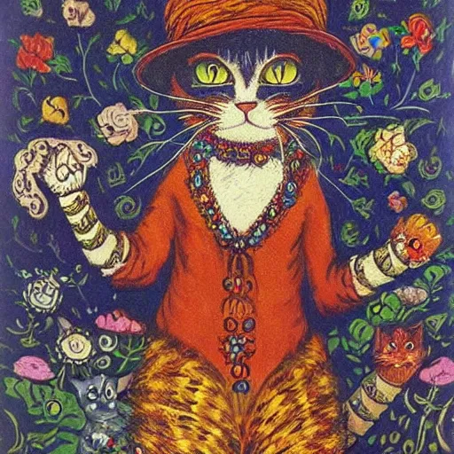 Prompt: a necromancer cat, louis wain, fantasy art