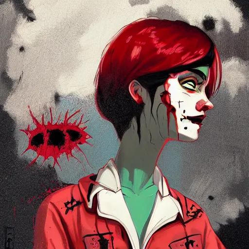 Image similar to Highly detailed portrait of a latino punk zombie young lady by Atey Ghailan, by Loish, by Bryan Lee O'Malley, by Cliff Chiang, inspired by iZombie, inspired by graphic novel cover art !!!red, brown, black and white color scheme ((dark blue moody background))