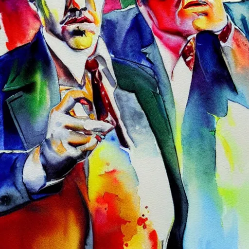Prompt: mafia mobsters. watercolor. vibrant. amazing painting. beautiful. high resolution. highly realistic. cool tones. close - up.