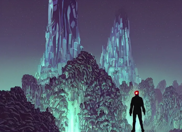 Image similar to comic book art of a [ man ] in trenchcoat with ( glowing ) [ gloves ] and [ boots ] crossing a [ old ] bridge in a [ jungle ] looking up at a [ mountain ] made of crystalized rock, a [ glowing tower ] extends into the sky, low angle, artstation illustration, elegant, arcane by tim doyle