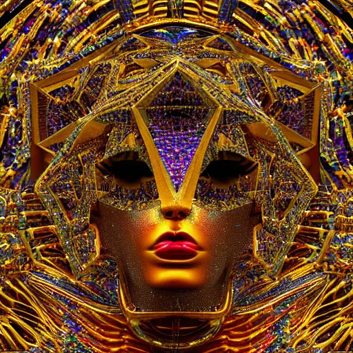 Image similar to a beautiful symmetrical being made of crystals,golden ornaments by alex gray and android jones, 3D, 8k resolution