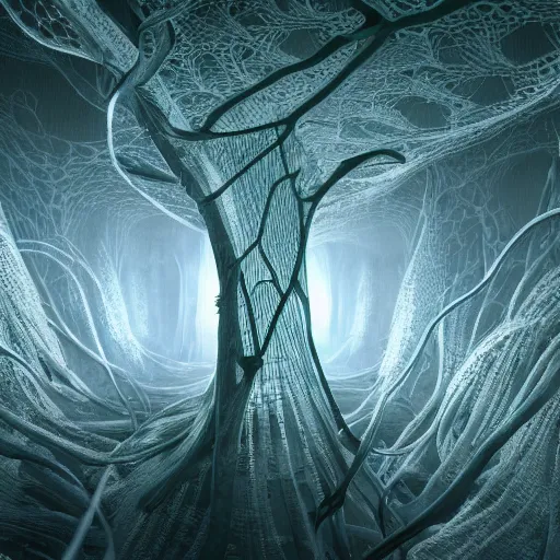 Prompt: biocomputer human organ inside a bio - neural network made like antique lace, in a biomechanical cave forest, environment, matte painting, diffused lighting, highly detailed cinematic, atmosphere, diffused lighting, highly detailed digital art, trending on artstation, depth of field, wide angle