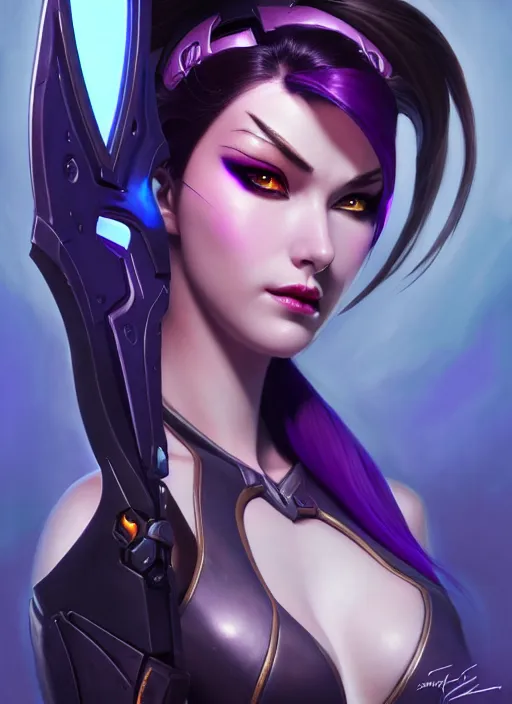 Prompt: epic widowmaker portrait from overwatch, fantasy, fantasy art, character portrait, portrait, close up, highly detailed, scifi art, intricate detail, amazing detail, sharp focus, vintage fantasy art, vintage sci - fi art, radiant light, trending on artstation, caustics, by boris vallejo