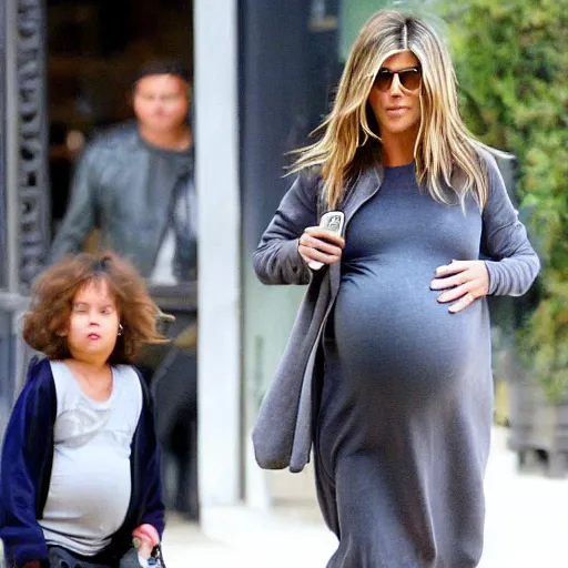 Prompt: Pregnant Jennifer Aniston walking down the street, paparazzi photograph