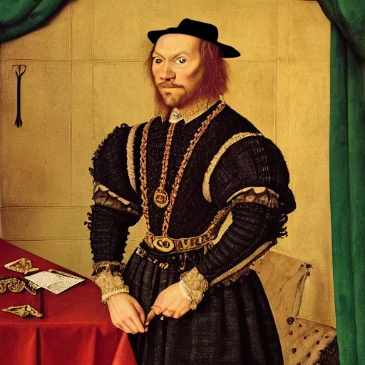 Image similar to a highly detailed portrait of dwane the rock johnson, wearing elegant tudor clothes, inside a room with thick red tapestries, oil painting by hans holbein and alessandro allori and richard burbage