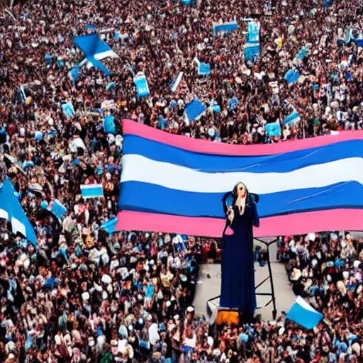 Image similar to Lady Gaga as president, Argentina presidential rally, Argentine flags behind, bokeh, giving a speech, detailed face, Argentina