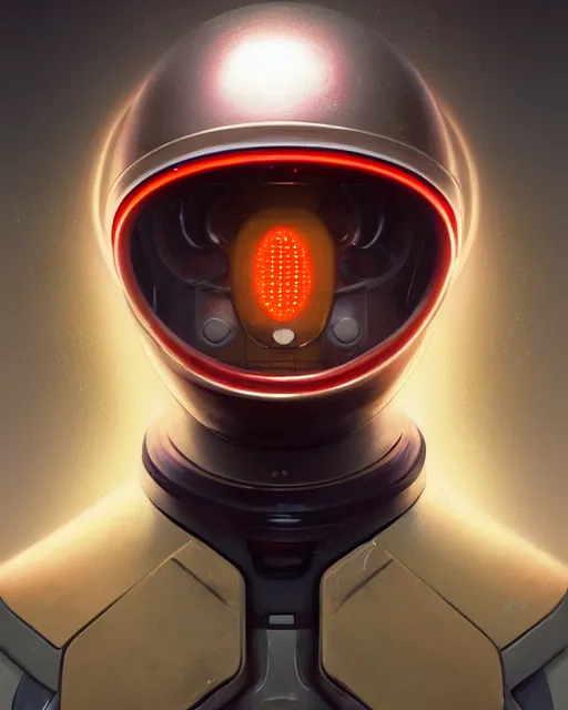 Image similar to portrait of sentient machine with oval helmet with a red chip on left side, by greg rutkowski, wlop, beeple, dan mumford, octane render, trending on artstation, symmetrical artwork. cinematic, key art, hyperrealism, high detail, 8 k