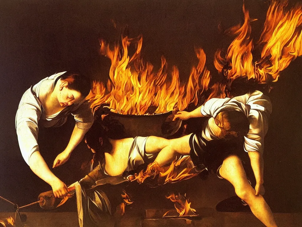 Image similar to Woman setting her home on fire. Painting by Caravaggio.