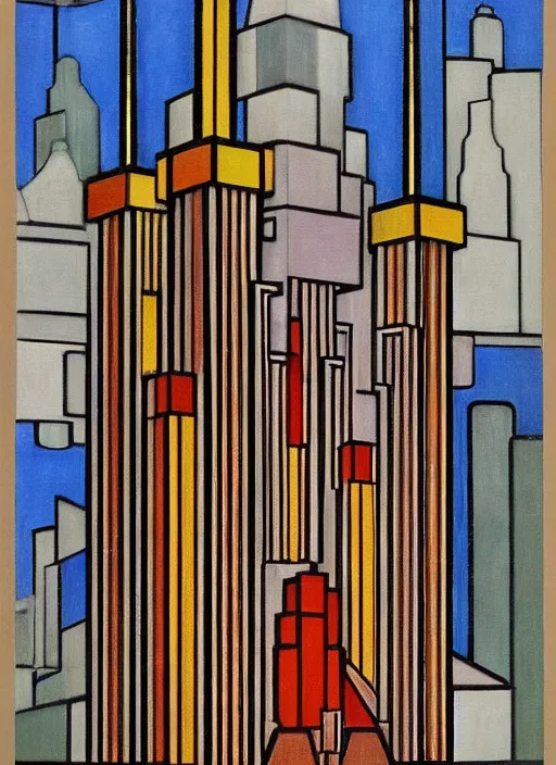 Prompt: isometric artdeco cathedral by frank lloyd wright painted by piet mondrian