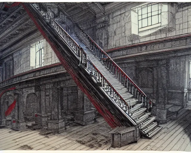 Image similar to red blue and green ballpoint pen on plywood. Piranesi imagination.