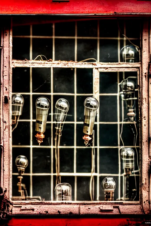 Prompt: A photo of a very old opened camera with vacuum tubes, capacitors and coils inside, through a dirty store window by Wes Anderson, grungy, weathered Ultra detailed, hyper realistic, 4k