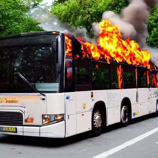 Prompt: autobus on fire with lcd screen saying 5 1 2 photorealistic. rule of thirds.
