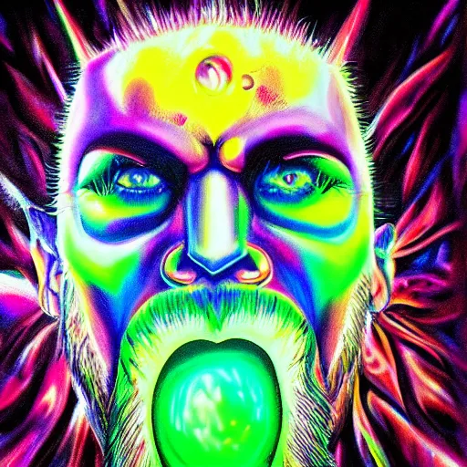Prompt: psychedelic backlit airbrush artwork of a stylized orc biker