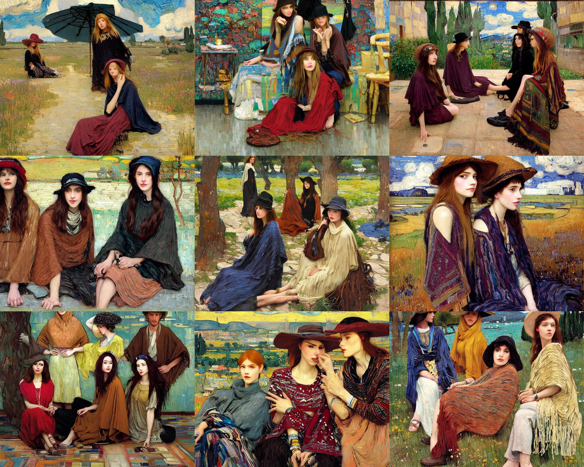 Prompt: portrait of group of fashionable young womans wearing rich jewerly hat and boho poncho into concrete hitech interior, sitting dynamic pose, Low poly, thunder clouds in the sky, artwork by john william waterhouse and Denis Sarazhin and klimt and rhads and van gogh and Dean Ellis and Detmold Charles Maurice, levitation, industrial rusty pipes, simple form, brutal shapes