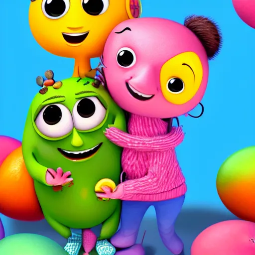 Image similar to happy cute friendly fun hugging tutti frutti characters, pixar, digital, vivid, hyperdetailed