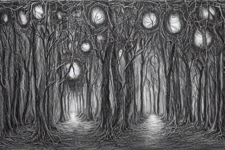 Image similar to forest of the soul, eyes of strange creatures hiding in the dark waiting to devour, snakes to strangle, cobwebs and old trees, a glimpse of hope, ink and ballpoint