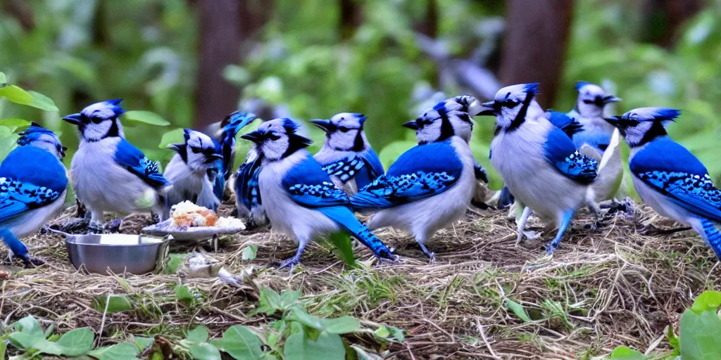 Prompt: a group of blue jay birds having a tea party.