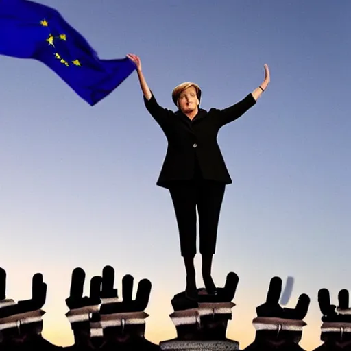 Image similar to angela merkel standing heroically on a pile of dead bodies while waving the eu flag during sunset, hyper realistic with detailed shadows