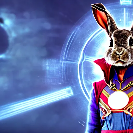 Image similar to Film still of a rabbit!!! wearing Dr. Strange clothes in avengers endgame, 4k, digital art