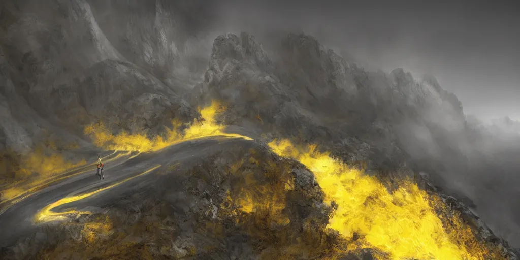 Image similar to a mountainous landscape full of active vulcanoes and a yellow fog and with a yellow cloudy sky, hyperrealistic, concept art, octane render, unreal engine 5, trending on deviantart, venus surface, path traced, no life, dramatic lighting, low contrast, trending on artstation, high quality, highly detailed, 8 k, cinematic, high coherence