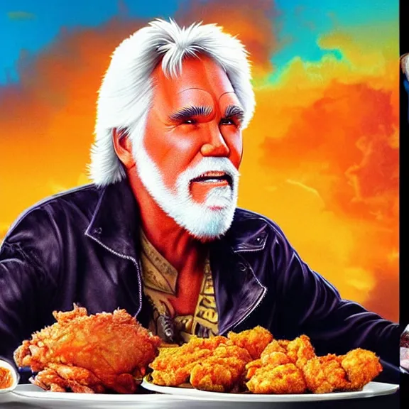 Prompt: gamma ray album cover featuring photo of kenny rogers eating fried chicken, power metal album cover, trending on artstation, intricately detailed, highly detailed, classic, award winning