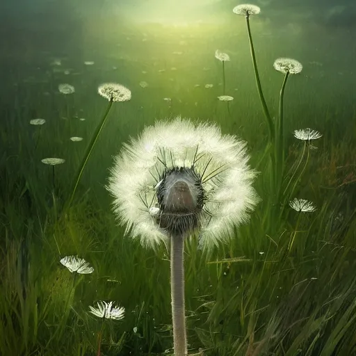 Prompt: the dandelion plant with the big cute eyes looks so cute. detailed digital art by greg rutkowski, thomas kinkade and keith parkinson, artstation, cgsociety, 8 k, hd