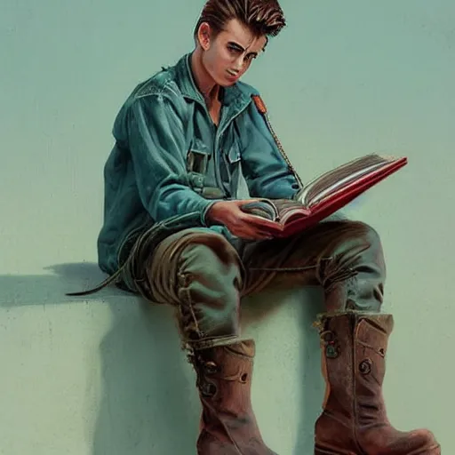 Image similar to a highly detailed epic cinematic concept art CG render digital painting artwork costume design: young James Dean as a well-kept neat anarchist rebel in 1950s USSR green overalls and big boots, reading a book. By Greg Rutkowski, Ilya Kuvshinov, WLOP, Stanley Artgerm Lau, Ruan Jia and Fenghua Zhong, trending on ArtStation, subtle muted cinematic colors, made in Maya, Blender and Photoshop, octane render, excellent composition, cinematic atmosphere, dynamic dramatic cinematic lighting, aesthetic, very inspirational, arthouse