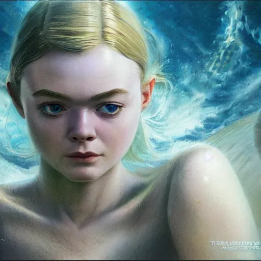 Image similar to ultra realistic medium shot portrait painting of elle fanning in halo 2, underwater, art by frank frazetta and sachin teng, 4 k, ultra realistic, highly detailed, epic lighting