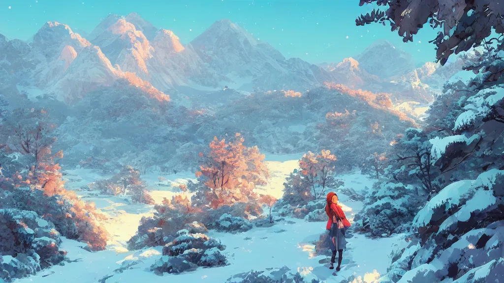 Image similar to landscape of a snowy mountainous region, rich vivid colors, ambient lighting, dynamic lighting, 4k, HQ, official media, anime key visual, makoto shinkai, ilya kuvshinov, lois van baarle, rossdraws, detailed, trending on artstation