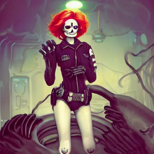 Prompt: cute & beautiful smug smiling undead skeleton girl with very attractive face and red hair dressed as a retrofuturist police officer, elegant, digital art, fullbody painting, fantasy, pixar style, painting, pin up, highly detailed, artstation, art by artgerm, vrubel, greg rutkowski, ilya kuvshinov, raymond swanland